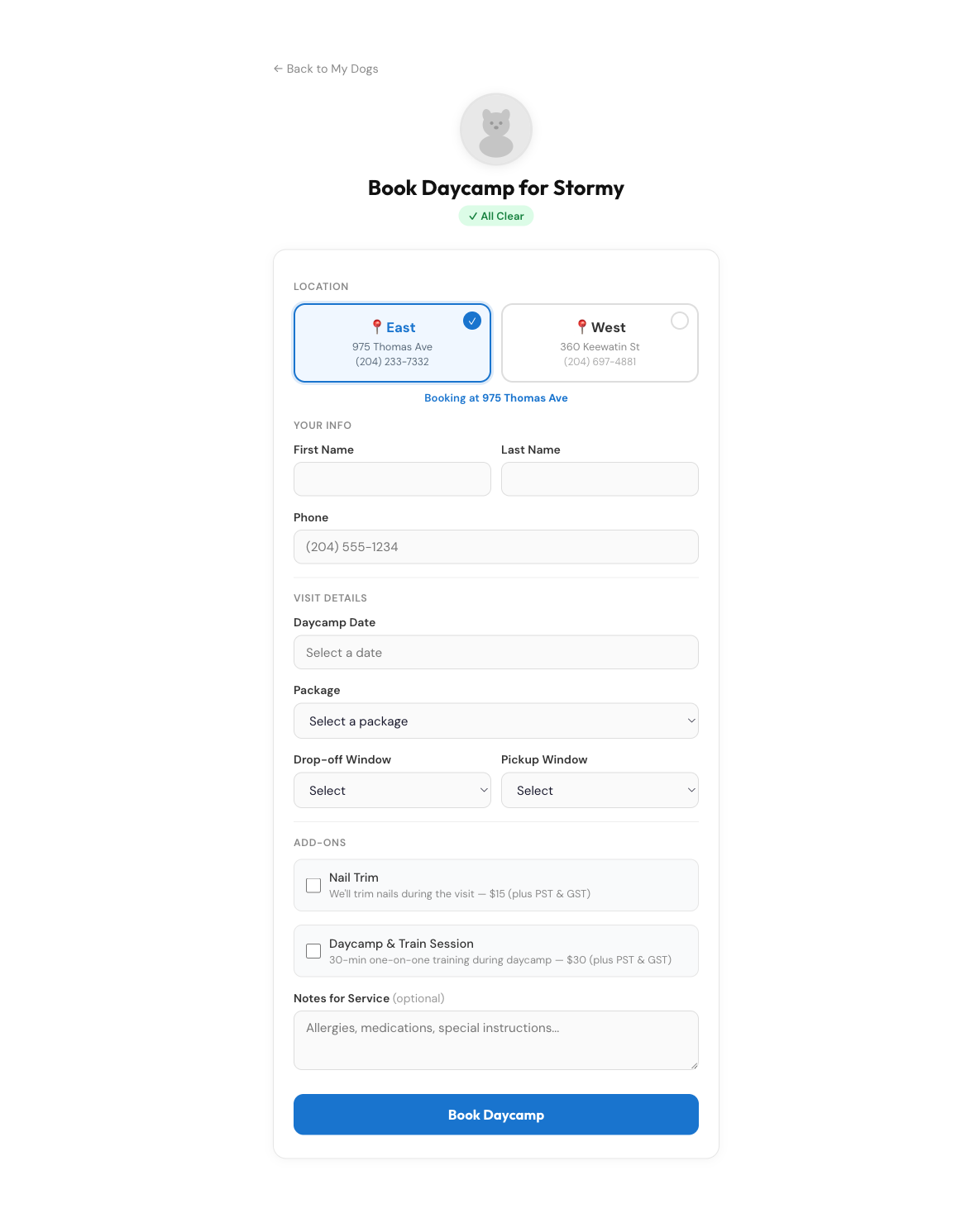 Daycamp booking page with PASS state