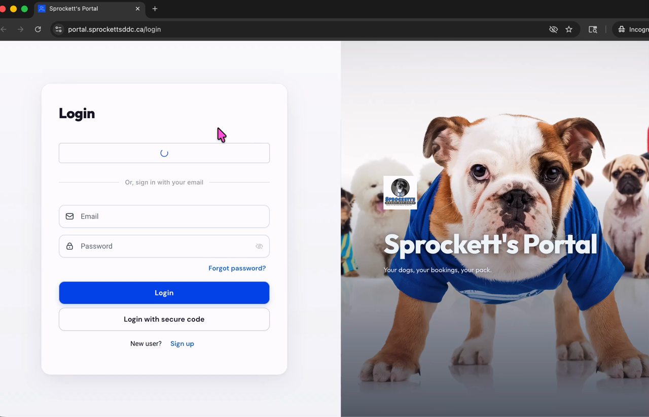 Sprockett's portal login screen