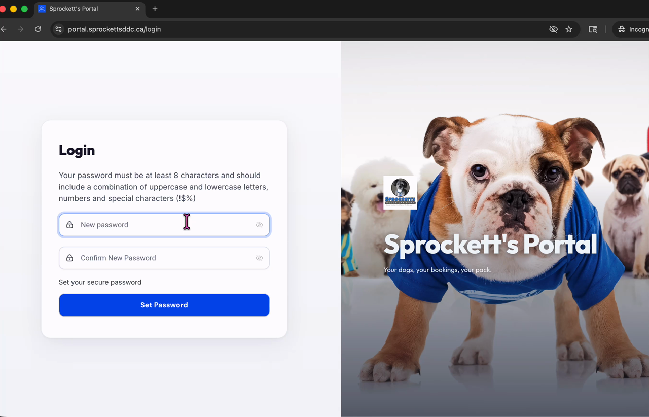 Set password screen