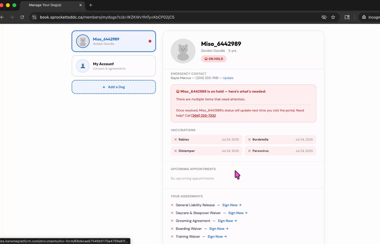 My Dogs portal showing HOLD status from expired vax