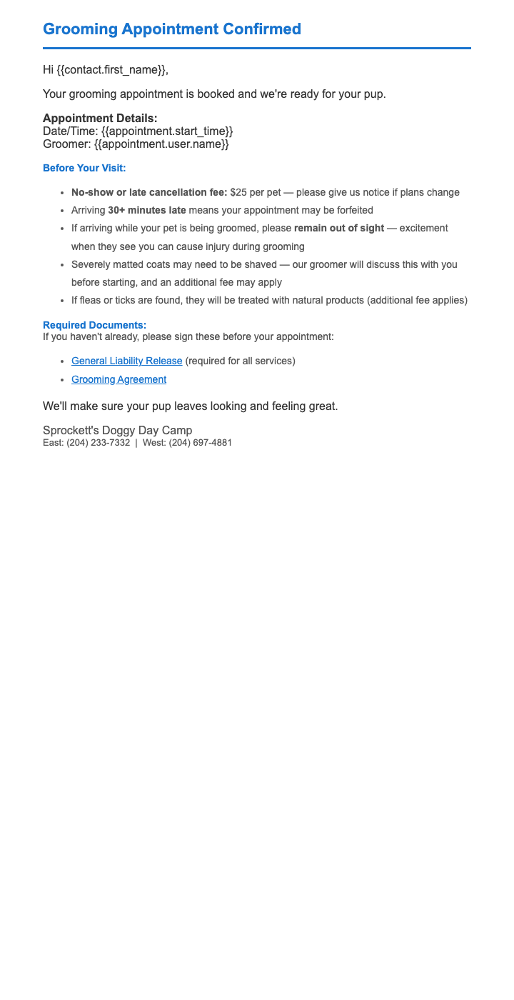 Grooming Appointment Confirmed email