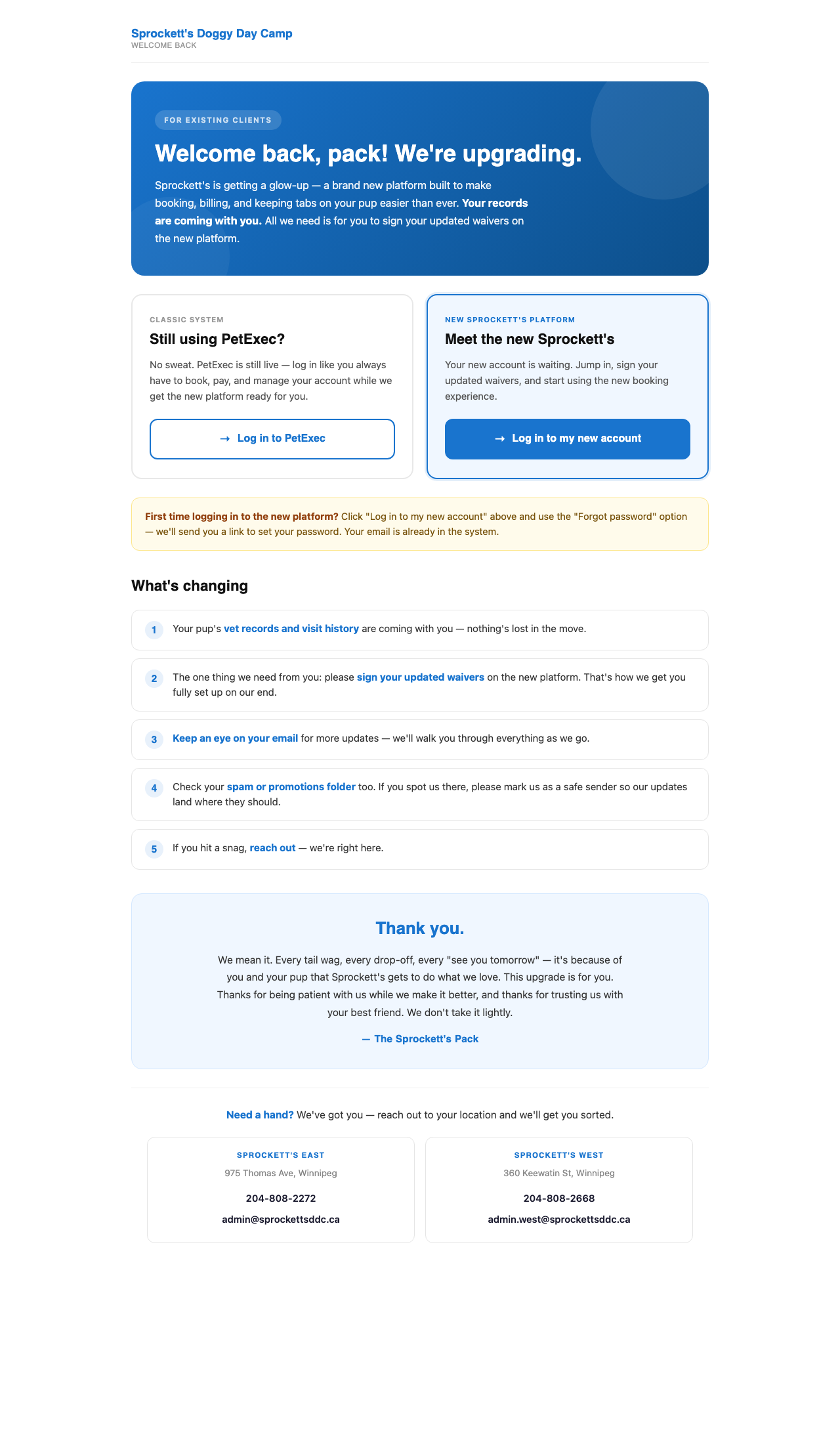Sprockett's existing client welcome-back page