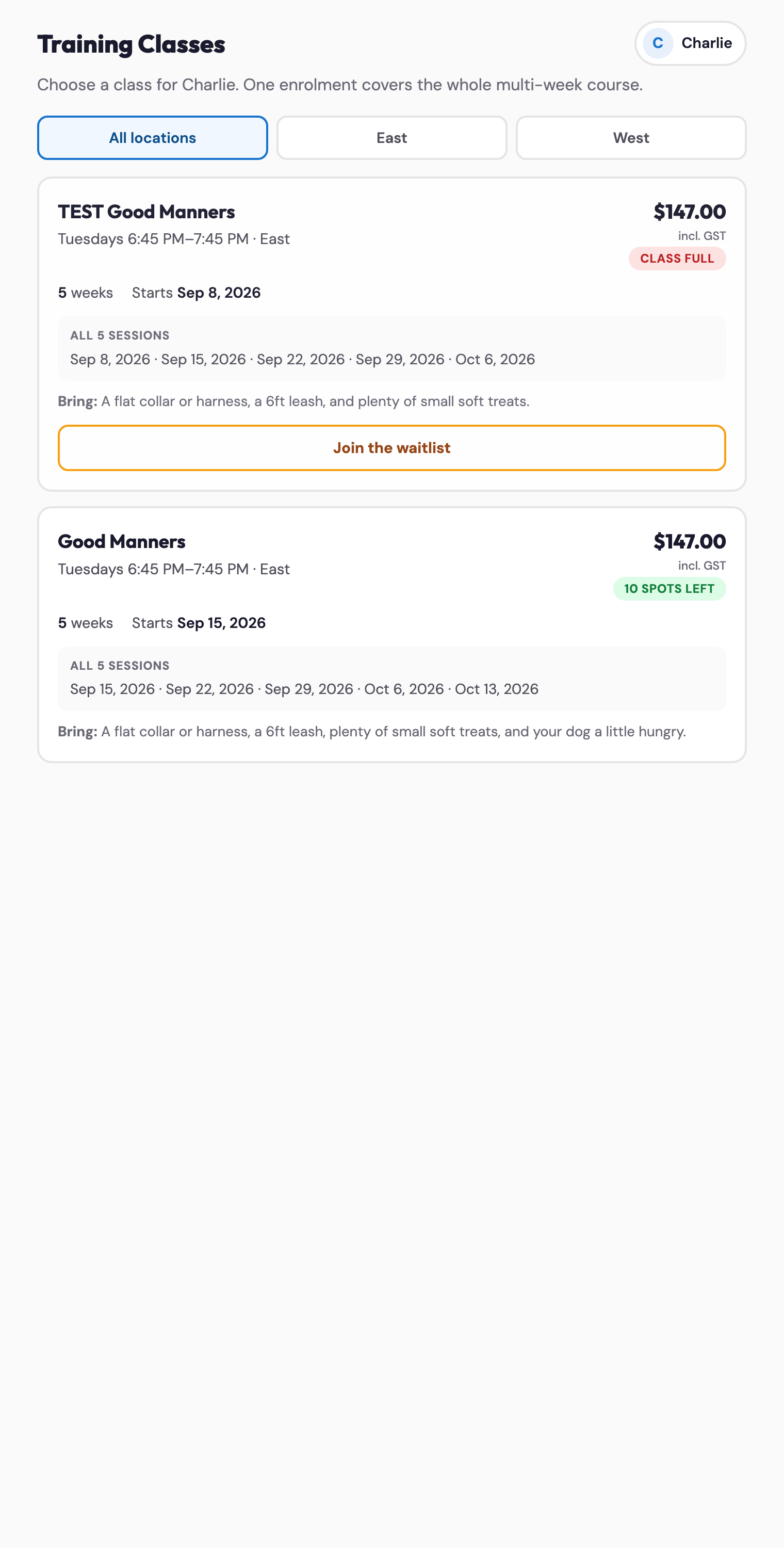 Class full with a Join the waitlist button