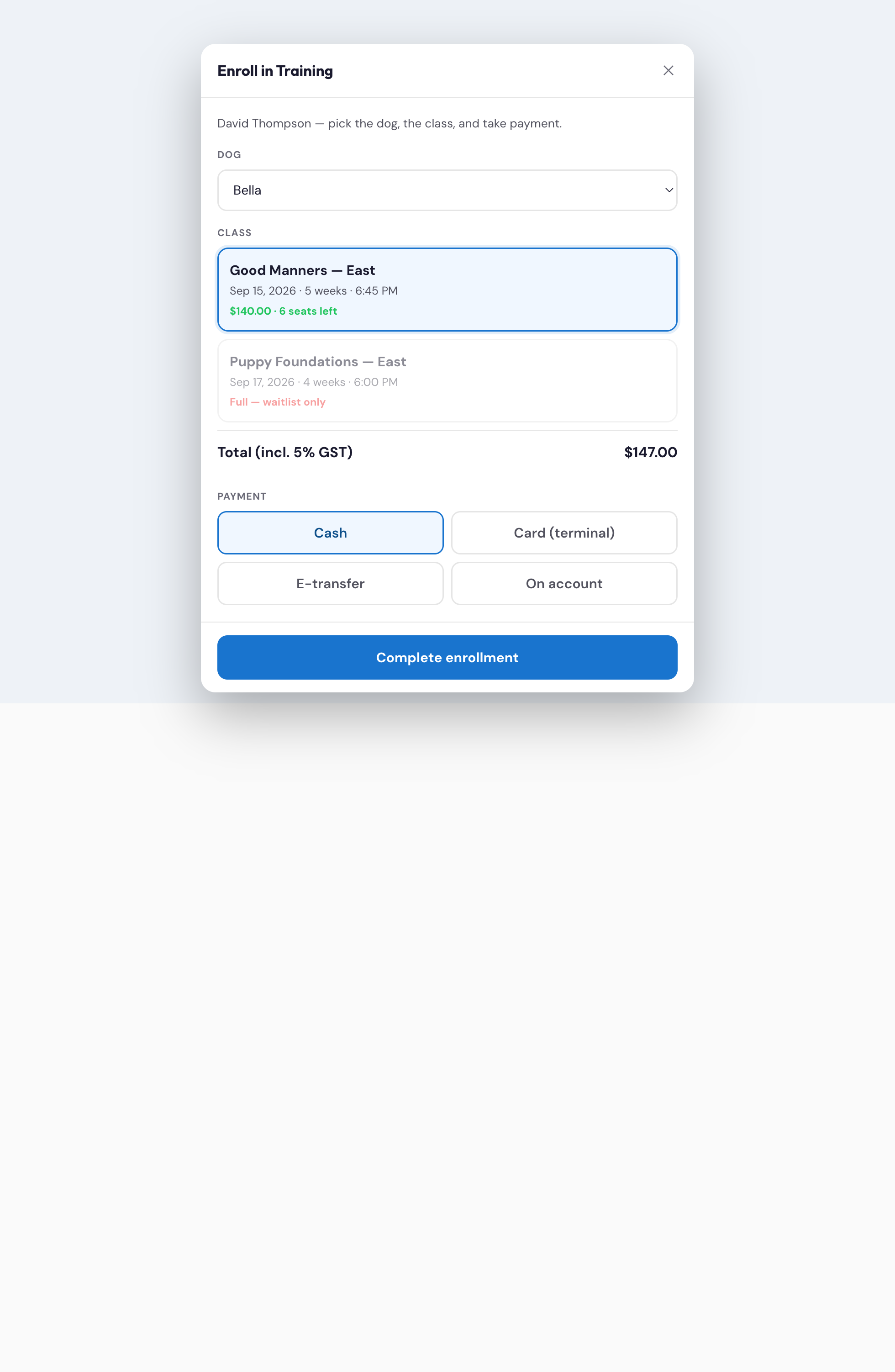 Enroll in Training window — dog, class, total with GST, payment