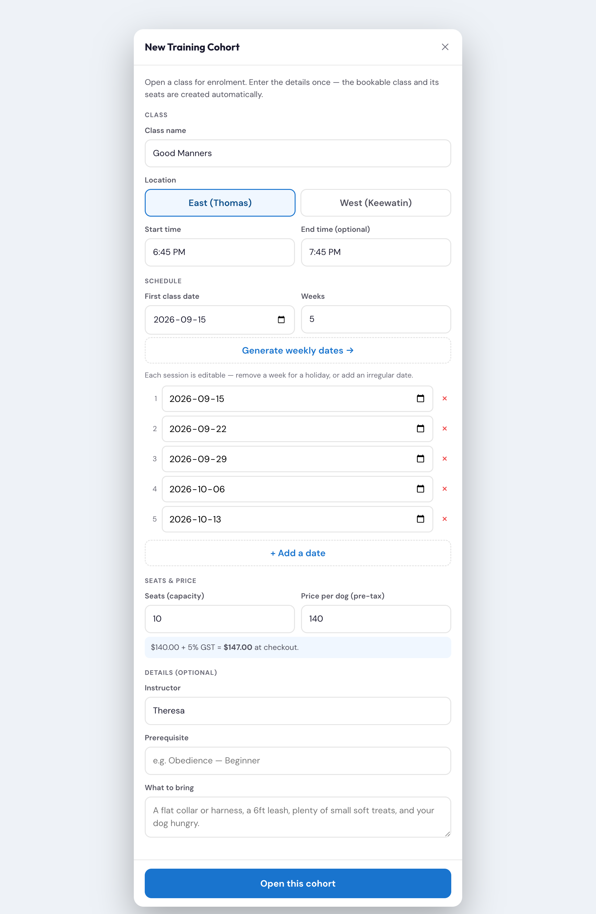 New Training Cohort form